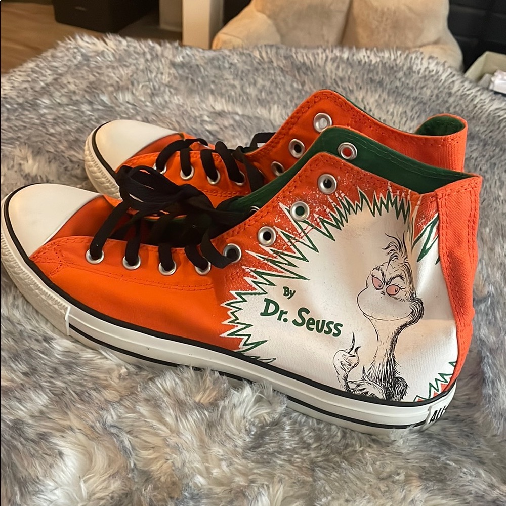 Converse Orange and Green High-Top Sneakers with Whimsical Design